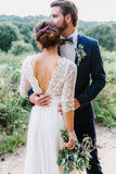 3/4 Sleeve See Through Backless Lace  Rustic Wedding Dresses,DW016-Daisybridals