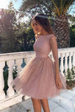 3/4 Sleeves Short Prom Dress Pink Homecoming Dress,DH137