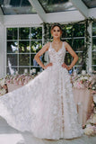 3D Floral Lace V Neck Floor Length Bohemian Wedding Dress WD662-Daisybridals