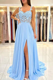 A-Line Chiffon Lace Blue Prom Dress Chiffon Long Formal Dress，DS132