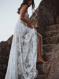 A-Line Lace V-Neck Spaghetti Straps Lace Beach Wedding Dress,DW039-Daisybridals
