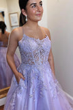 A-Line Tulle Applique Lace Up Back Lavender Prom Dress,DS222-Daisybridals