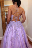 A-Line Tulle Applique Lace Up Back Lavender Prom Dress,DS222-Daisybridals