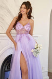 A-Line Tulle Split Lilac Long Prom Dress With Beading,DS153-Daisybridals