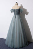 A-Line Off The Shoulder Grey Tulle Prom Dress Evening Dress PSK539-Pgmdress