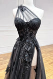 A-Line One Shoulder 3D Flowers Appliques Black Prom Dress,DS148-Daisybridals