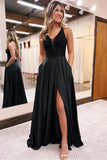 A-Line V-Neck Black Long Prom Dress Split With Pockets,DS208-Daisybridals