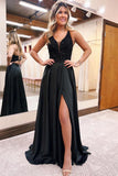 A-Line V-Neck Black Long Prom Dress Split With Pockets,DS208-Daisybridals