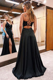 A-Line V-Neck Black Long Prom Dress Split With Pockets,DS208-Daisybridals