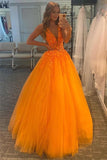 A-Line V-Neck Tulle Lace Appliques Orange Long Prom Dress,DS112-Daisybridals