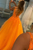 A-Line V-Neck Tulle Lace Appliques Orange Long Prom Dress,DS112-Daisybridals