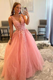 A-Line V Neck Tulle Appliques Blush Pink Prom Dress with Slit,DS207-Daisybridals