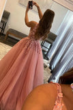 A-Line V Neck Tulle Appliques Blush Pink Prom Dress with Slit,DS207-Daisybridals