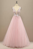 A-line V Neck Tulle Prom Dress Floral Lace Formal Dress,DS212-Daisybridals