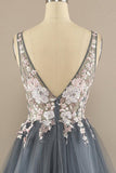 A-line V Neck Tulle Prom Dress Floral Lace Formal Dress,DS212-Daisybridals