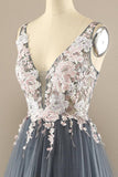 A-line V Neck Tulle Prom Dress Floral Lace Formal Dress,DS212-Daisybridals