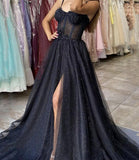 A-line Tulle Sweetheart Long Black Prom Dress Split Evening Dress,DS129-Daisybridals