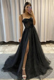 A-line Tulle Sweetheart Long Black Prom Dress Split Evening Dress,DS129-Daisybridals