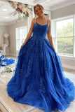 A-line Blue Round Neck Lace Prom Dress Lace Up Evening Dress,DS130