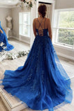 A-line Blue Round Neck Lace Prom Dress Lace Up Evening Dress,DS13-Daisybridals