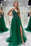 A-line V Neck Sequined Tulle Dark Green Long Prom Dress,DS162-Daisybridals