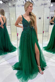 A-line V Neck Sequined Tulle Dark Green Long Prom Dress,DS162-Daisybridals