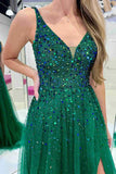 A-line V Neck Sequined Tulle Dark Green Long Prom Dress,DS162-Daisybridals