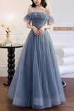 A-line Gray Blue Off The Shoulder Sparkly Prom Dress Evening Dress,DS135-Daisybridals