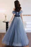 A-line Gray Blue Off The Shoulder Sparkly Prom Dress Evening Dress,DS135-Daisybridals