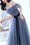 A-line Gray Blue Off The Shoulder Sparkly Prom Dress Evening Dress,DS135-Daisybridals