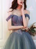 A-line Gray Tulle Long Prom Dress Off The Shoulder Evening Dress,DS140-Daisybridals