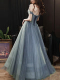 A-line Gray Tulle Long Prom Dress Off The Shoulder Evening Dress,DS140-Daisybridals