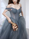 A-line Gray Tulle Long Prom Dress Off The Shoulder Evening Dress,DS140-Daisybridals