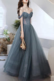 A-line Gray Tulle Long Prom Dress Off The Shoulder Evening Dress,DS140