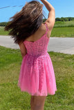 A-line Hot Pink Lace Appliques Party Dress Homecoming Dress PD460 - Daisybridals