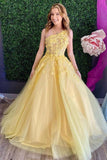 A-line One Shoulder Tulle Yellow Prom Dress Evening Dress,DS159-Daisybridals