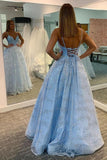 A-line Sparkly V-neck Spaghetti Straps Blue Long Prom Dress ,DS182-Daisbridals