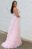 A-line Straps Plunging Neck Sequin Lace Pink Prom Dresses,DS150-Daisybridals