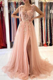 A-line Floral Lace Pink Long Prom Dress Split Evening Dress,DS195-Daisybridals