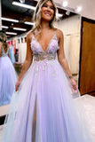 A-line V-Neck Spaghetti Straps Slit Tulle Lilac Prom Dress,DS233-Daisybridals