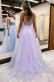 A-line V-Neck Spaghetti Straps Slit Tulle Lilac Prom Dress,DS233-Daisybridals