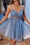 A-line V Neck Mini Homecoming Dress with Beading Sequins,DH110