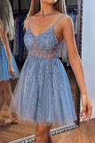 A-line V Neck Mini Tulle Homecoming Dress with Beading Sequins PD499-Daisybridals