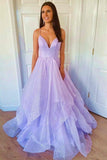 A-line V Neck Princess Tiered Tulle Sparkly Lavender Prom Dress,DS205-Daisybridals