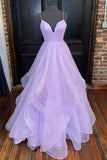 A-line V Neck Princess Tiered Tulle Sparkly Lavender Prom Dress,DS205-Daisybridals