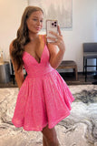 A-line V Neck Sequin Pink Homecoming Dresses Short Party Dresses, DH111