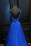 A-line V Neck Straps Tulle Royal Blue Prom Dress With Appliques,DS206-Daisybridals