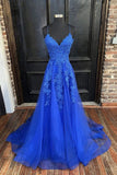 A-line V Neck Straps Tulle Royal Blue Prom Dress With Appliques,DS206-Daisybridals