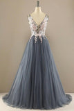 A-line V Neck Tulle Prom Dress Floral Lace Formal Dress,DS212-Daisybridals