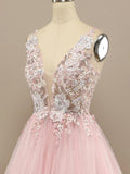 A-line V Neck Tulle Prom Dress Floral Lace Formal Dress,DS212-Daisybridals